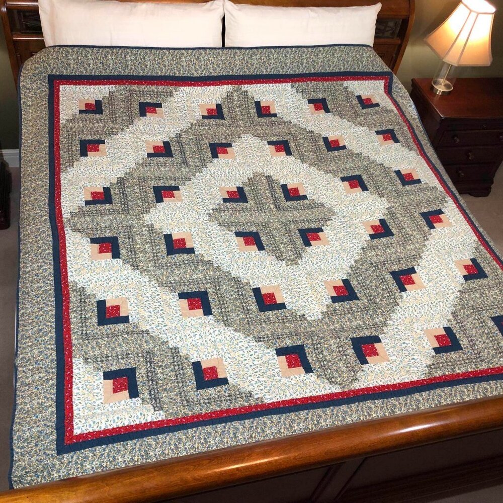 Antique hand sewn quilt - calico barn raising log cabin design